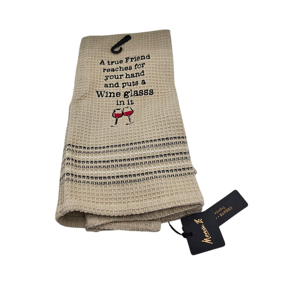 Mona B. "True Friend" waffle-weave dishtowel Beige Embroidered NEW